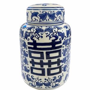 Blue & White Chinese Porcelain Ginger Jar Double Happiness Floral 11”Lidded Vase